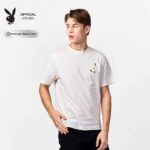 01PB เสื้อยืดคอกลมแขนสั้นปักทับพิมพ์ กระต่ายที่อก และPLAYBOYด้านหลัง
