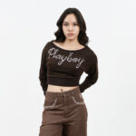12PB URBAN BOHO เสื้อยืดแฟนซีคอปาดกว้าง แขนยาว เอวจั๊มพ์ ปักโลโก้ที่ชิ้นหน้า