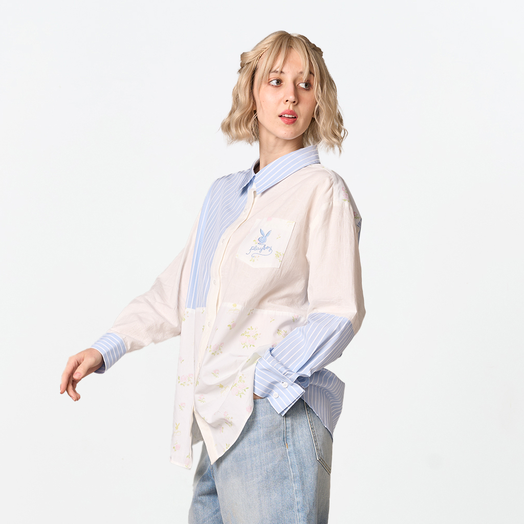 44 02PB GARDEN KISSED เสื้อเชิ้ต แขนยาว ผ่าหน้าติดกระดุม ตัดแต่งผ้าลายริ้วและลายโลโก้ - Image 1